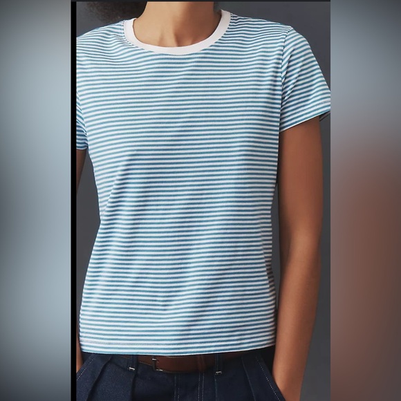 FRAME Fitted Crew Tee women’s Anthropologie Medium Blue white stripe 100% cotton - Picture 1 of 8